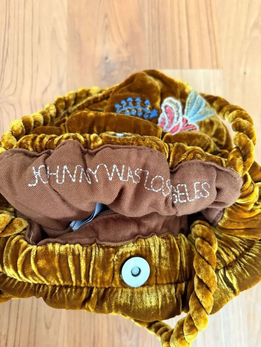 Johnny Was Ulla Velvet Embroidered Pouch Purse in Mustard Gold NWOT - Picture 7 of 10